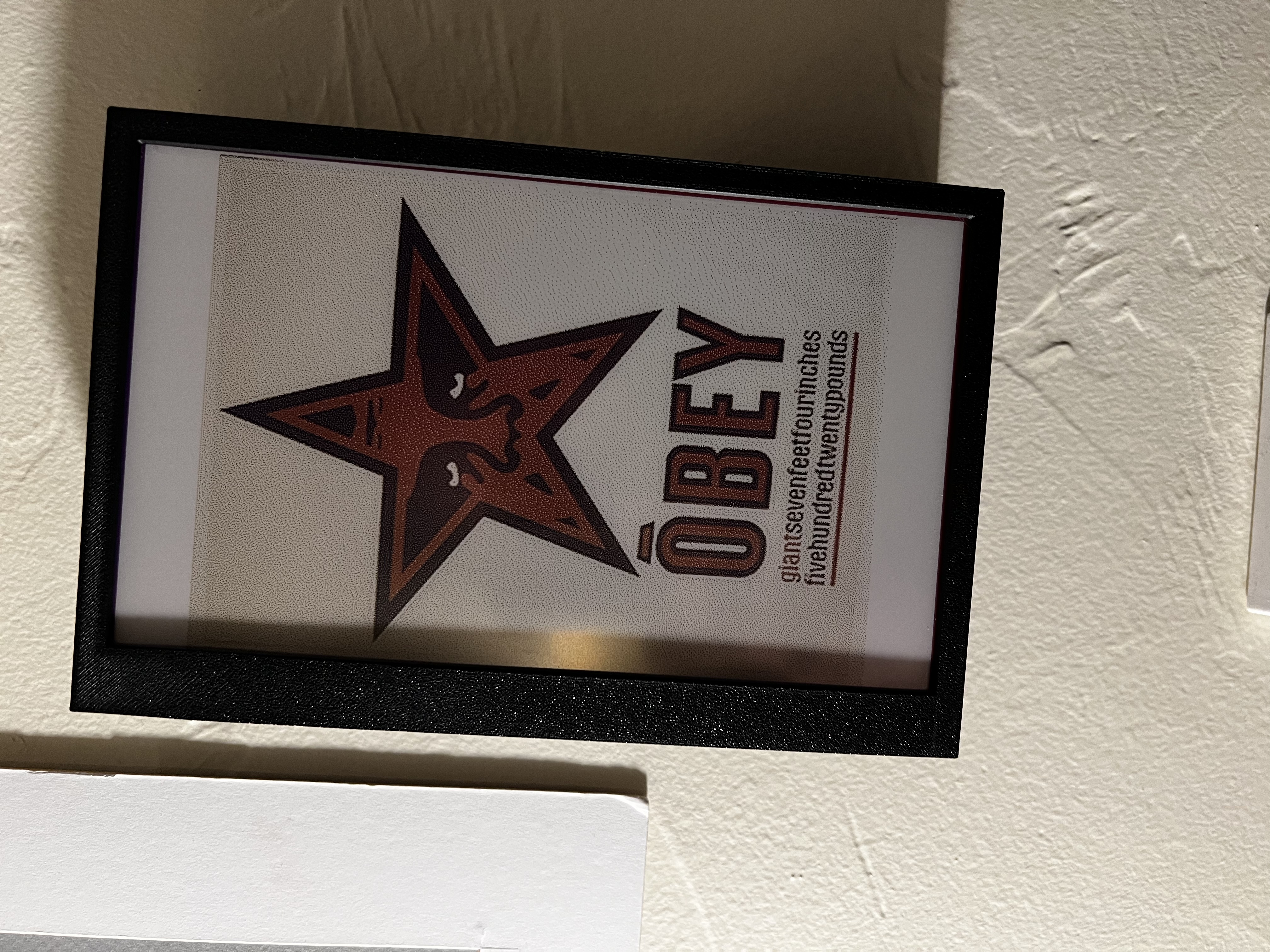 Color e-paper display showing a Shepard Fairey print in context