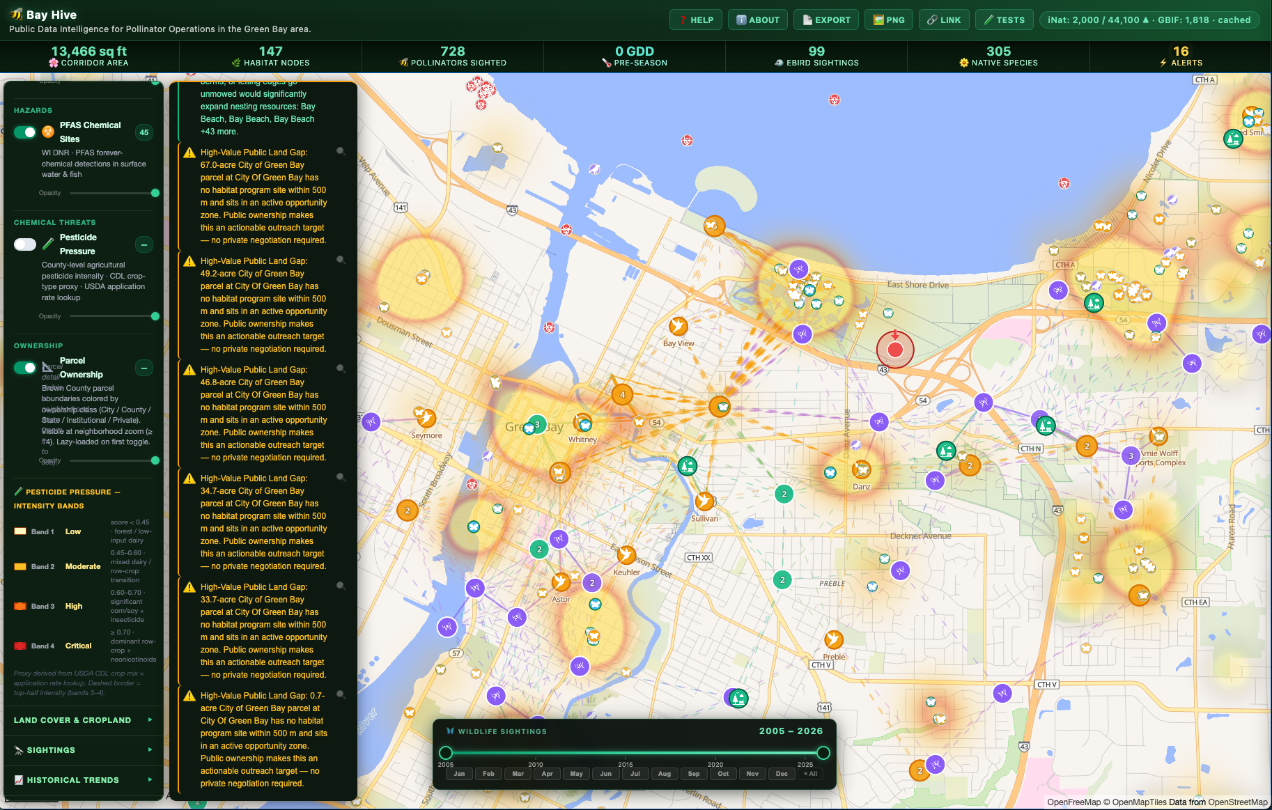 Bay Hive map showing the Green Bay area with pollinator corridor sites, Monarch Waystations, and iNaturalist sighting overlays