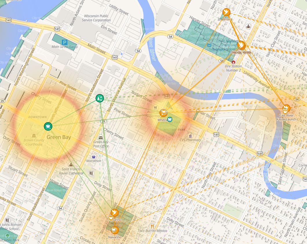 Bay Hive intelligence summary bar and layer controls panel showing habitat node counts, sightings totals, and layer toggle switches